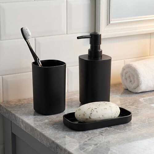MSV Set di 3 Accessori da Bagno Lona Nero - immagine 5