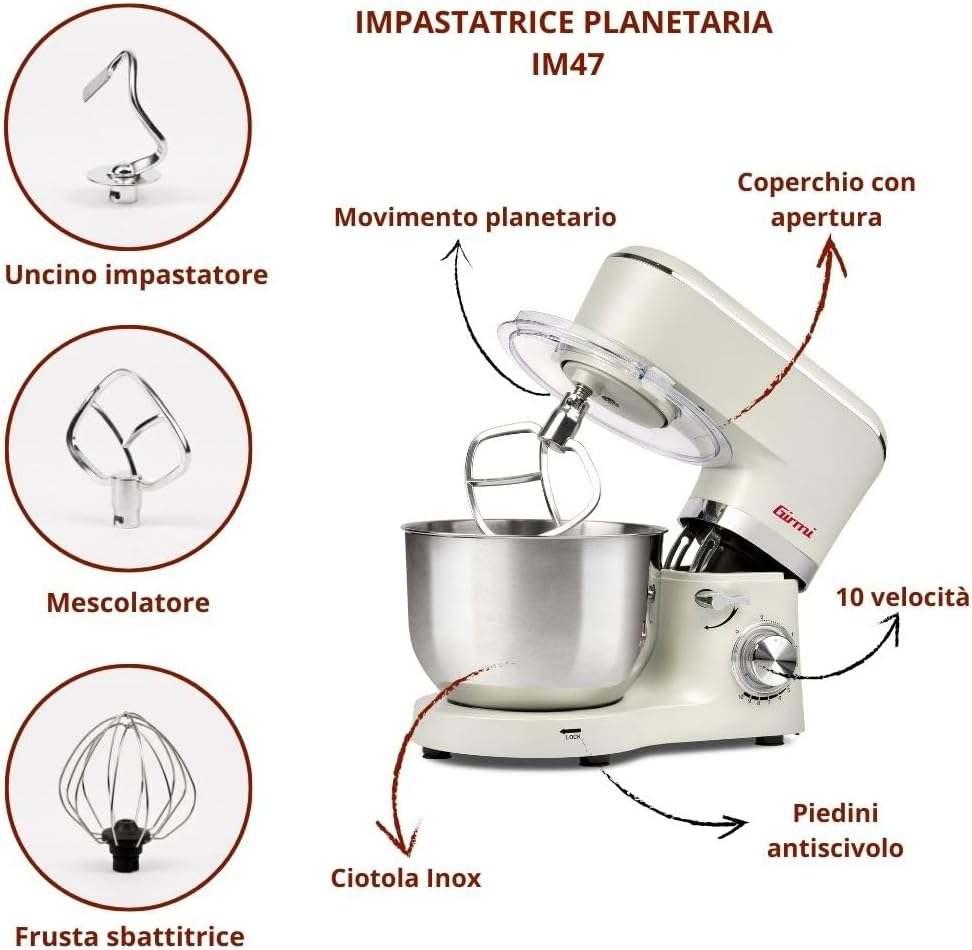Girmi IM47 Impastatrice Planetaria, 6 Litri, 1500 W, Panna - immagine 3