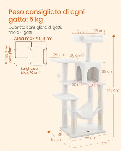 Feandrea Albero Tiragraffi per Gatti 143 cm, Bianco Crema - immagine 6