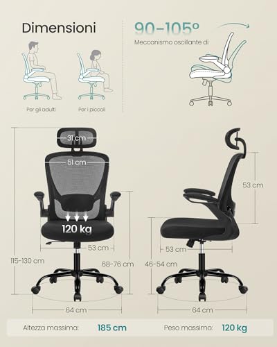 SONGMICS Sedia da Ufficio Ergonomica con Braccioli - immagine 1