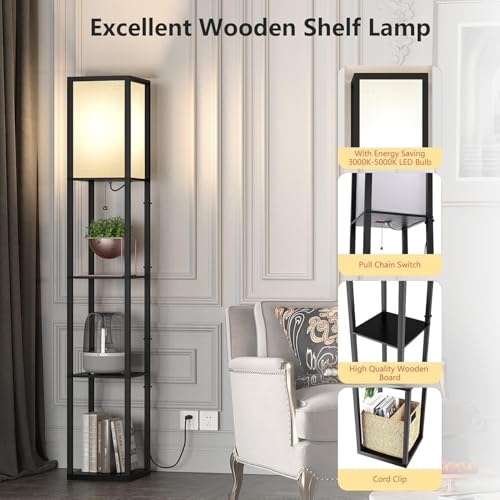 Lampada da Terra con Scaffale in Legno - immagine 3